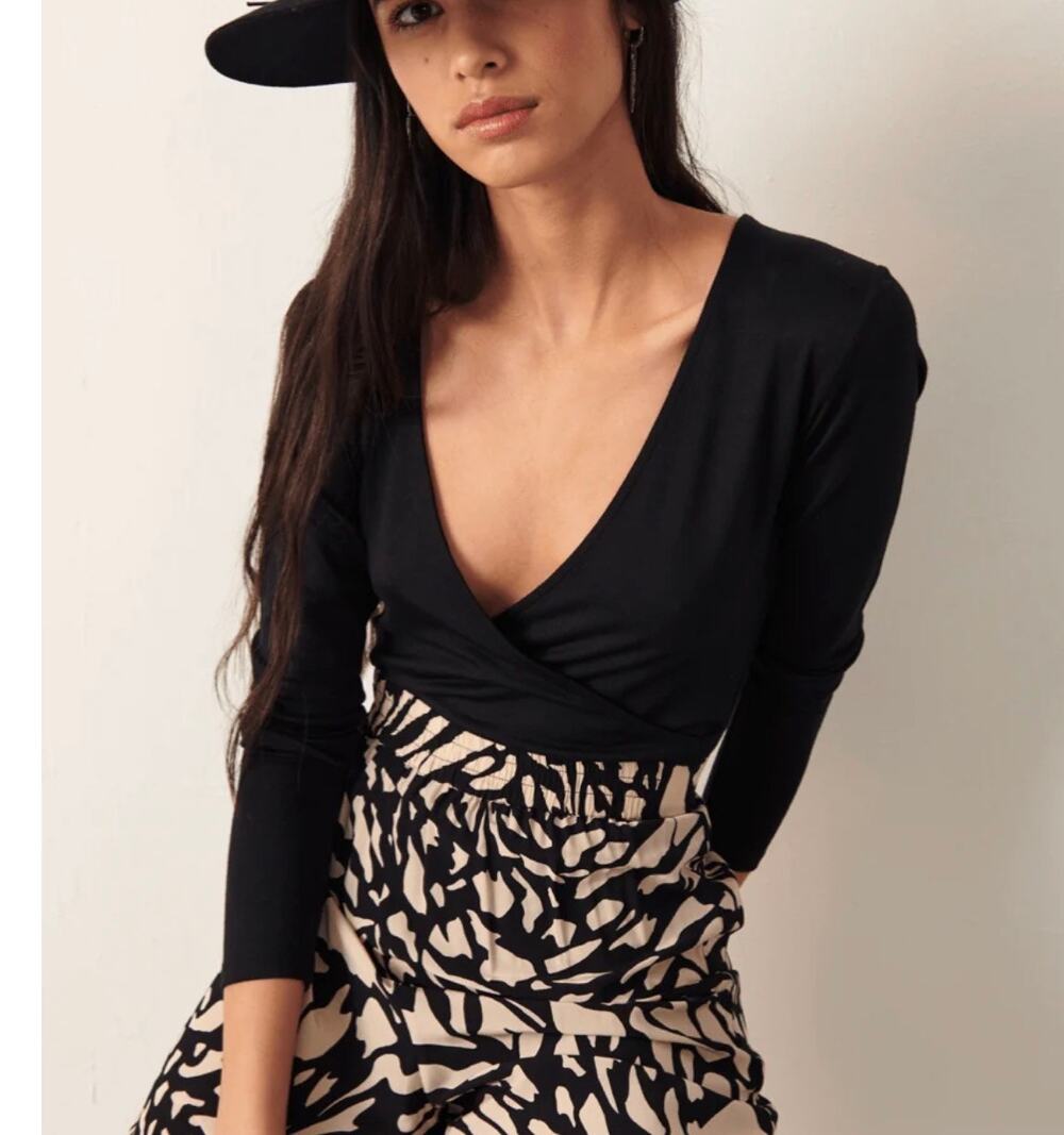 NWT ba&sh Celia Bodysuit Black Noir Size 3 Large Deep V Wrap Long Sleeve